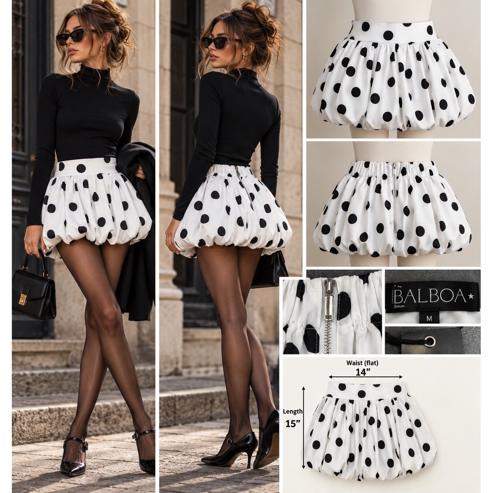 Balboa Polka Dot Bubble Mini Skirt M Black White Parisian Mod Coquette NWT Twee